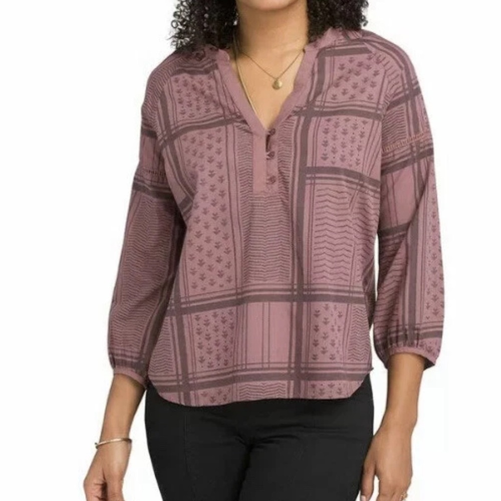 PrAna Elena Top Blouse Mauve Santa Fe Pink Plaid Henley 3/4 Sleeve